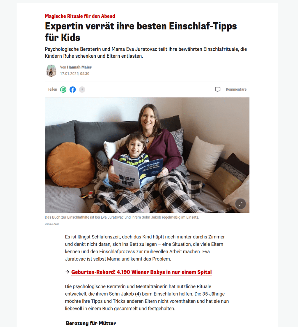 Mein Buch in der Zeitung! Gute Nacht Rituale, die Kindern Ruhe schenken und Eltern&nbsp;entlasten.
